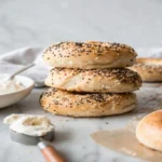 Collage showing the process of making protein bagel dough from mixing to shaping