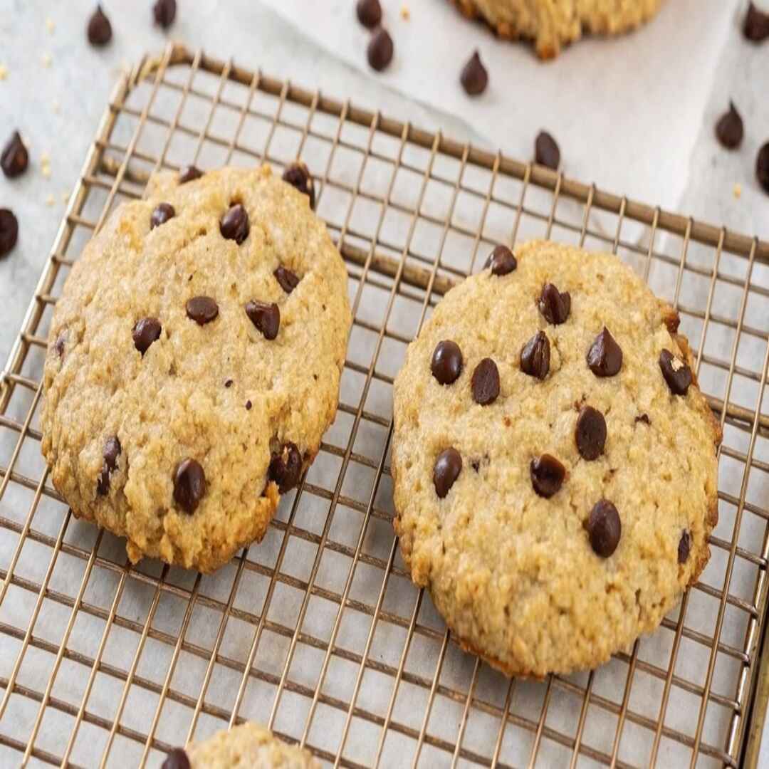 Twelve unbaked protein oatmeal cookies with chocolate chips arranged on a baking tray lined with parchment paper