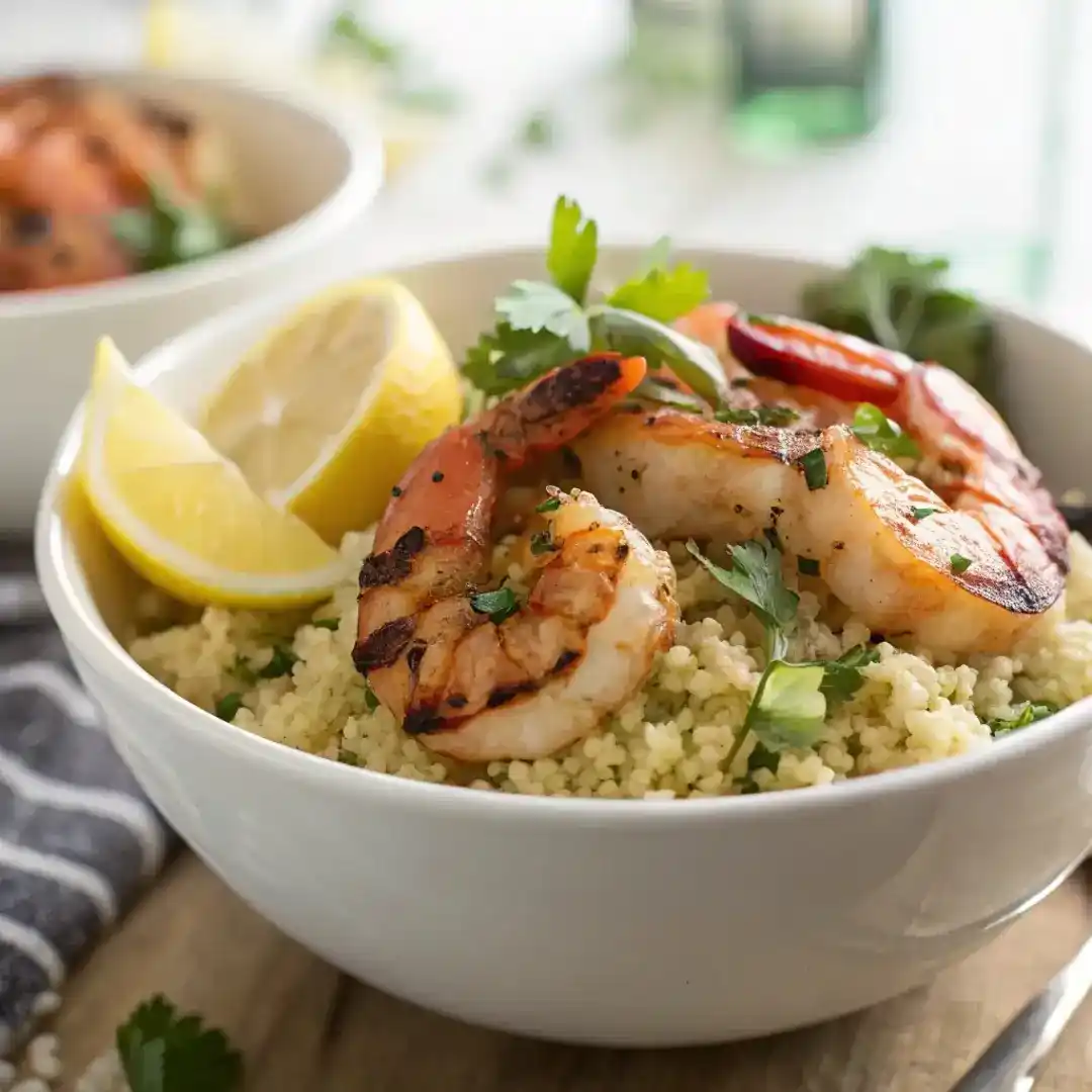 close-up of high protein shrimp and quinoa bowl with herbs and lemon