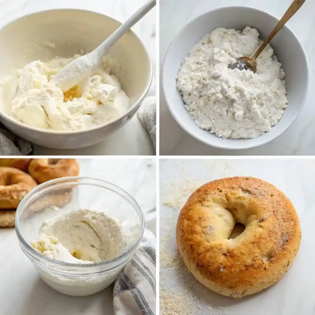 Close-up of sliced cottage cheese bagel with cream cheese and chives