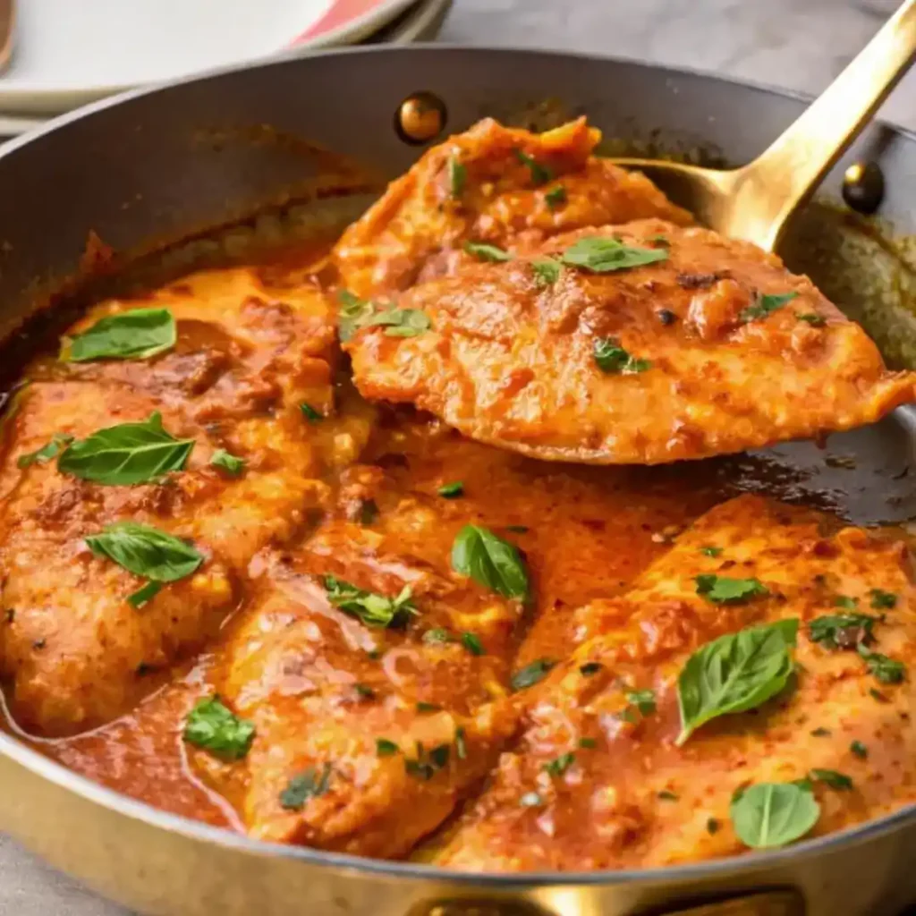 Creamy tomato basil chicken breasts cooking in a skillet.