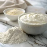 Close-up of blended cottage cheese and flour for bagel recipe