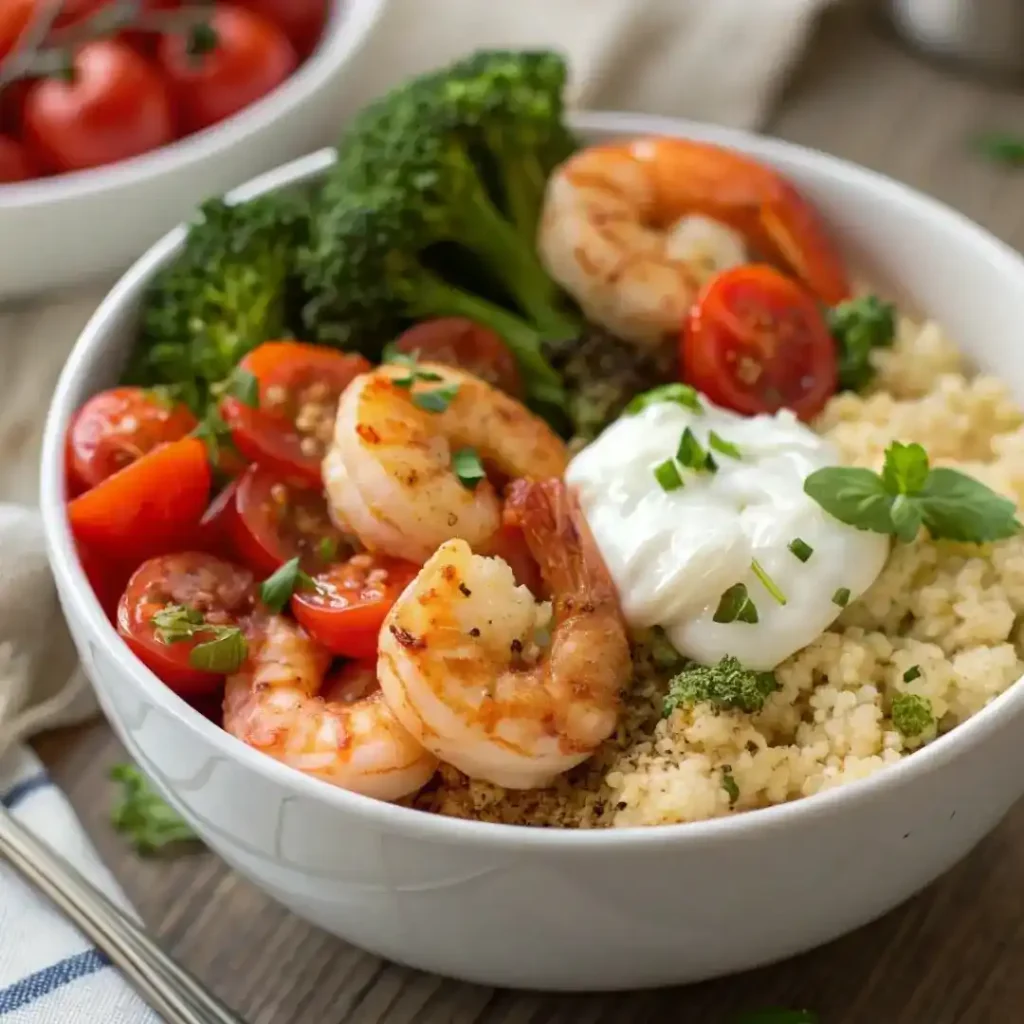 close-up of plated shrimp bowl with quinoa, broccoli, and yogurt
