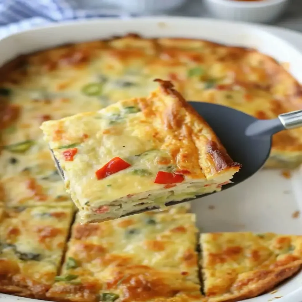 A slice of cheesy egg breakfast casserole being lifted from a baking dish