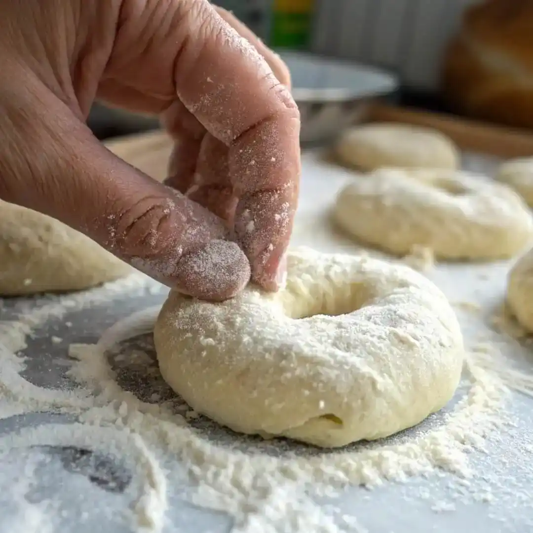 Finger pressing into soft cottage cheese bagel dough