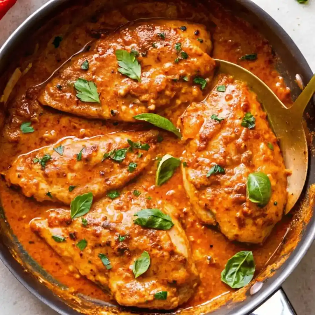 Chicken breasts simmering in creamy tomato basil sauce.