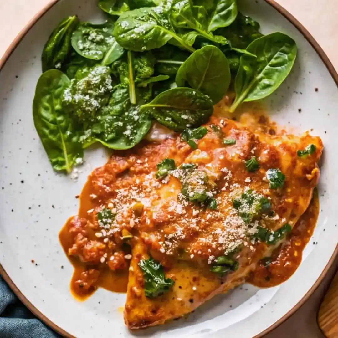 Creamy tomato basil chicken with spinach salad on a white plate.