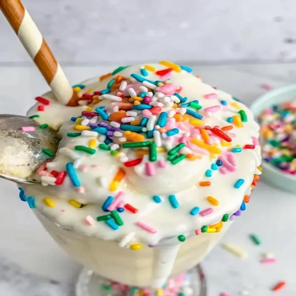 Overhead view of protein shake with sprinkles, straw, and spoon in a tall glass