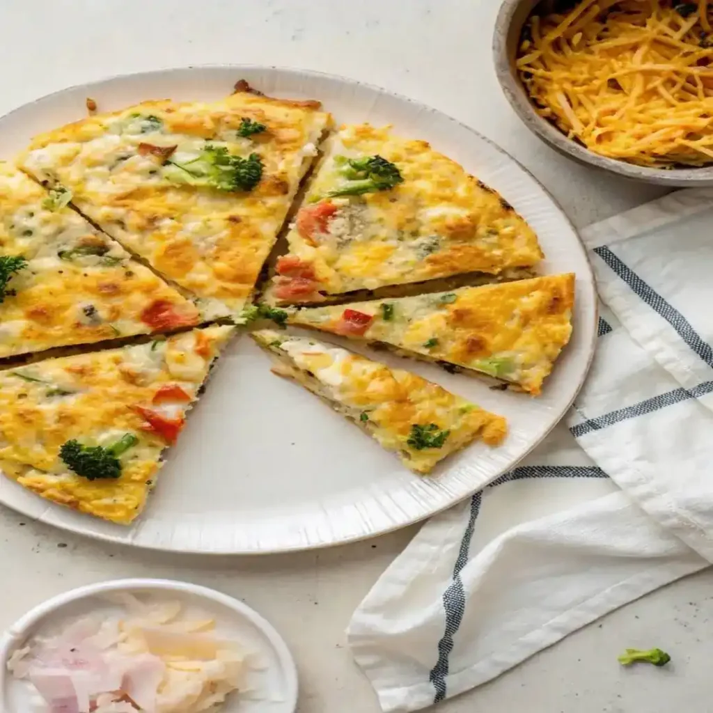 A round vegetable and cheese frittata sliced into wedges on a white serving plate