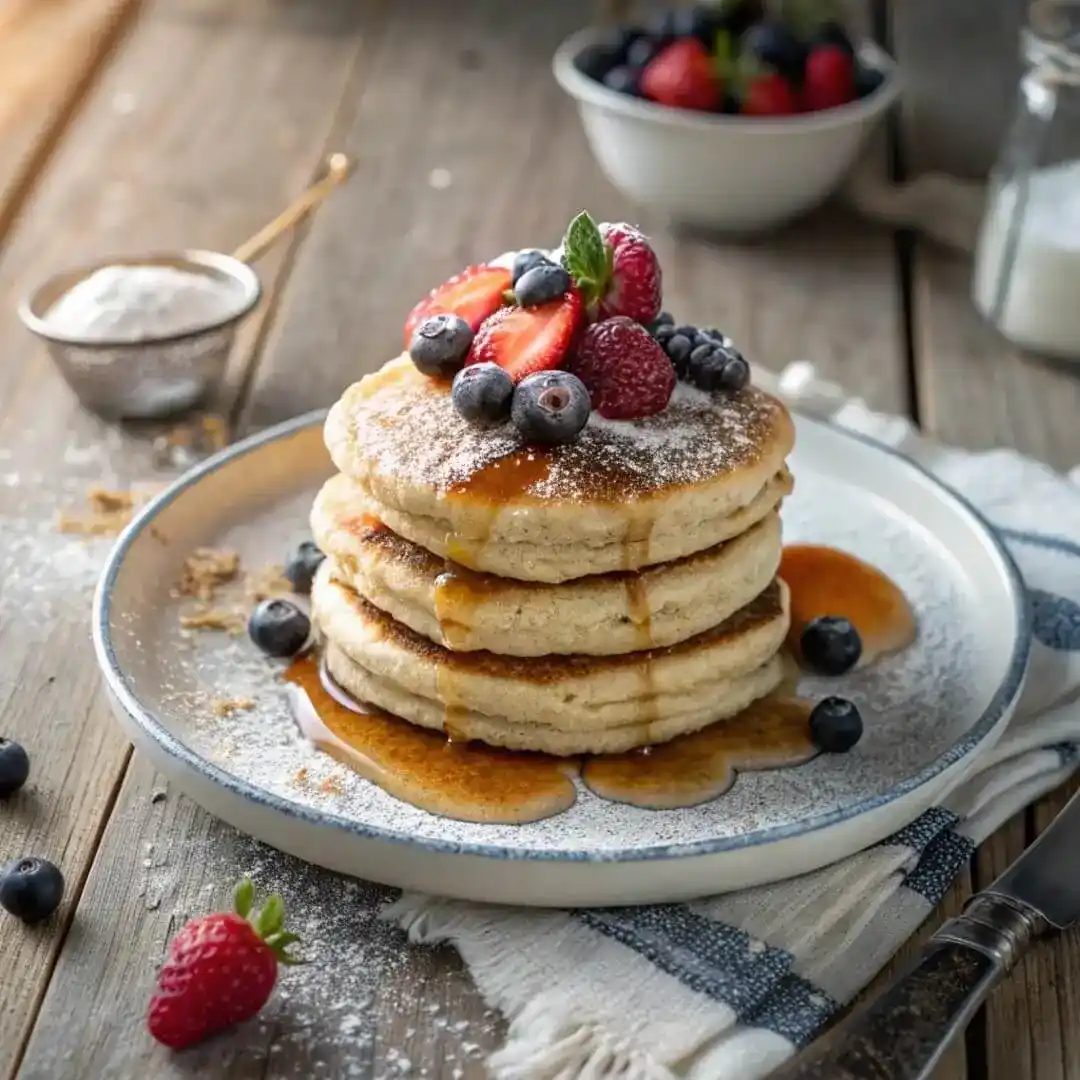 Stack of protein pancakes made from protein pancake mix