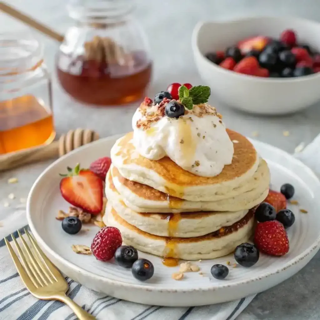 Protein pancakes served with berries and yogurt