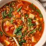 Close-up of lentil vegetable soup with potatoes, greens, and herbs in a ceramic bowl.