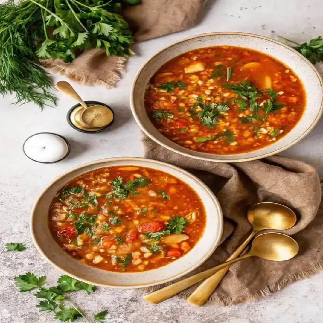 Two bowls of vegetable lentil soup with herbs and gold spoons on a stone background.