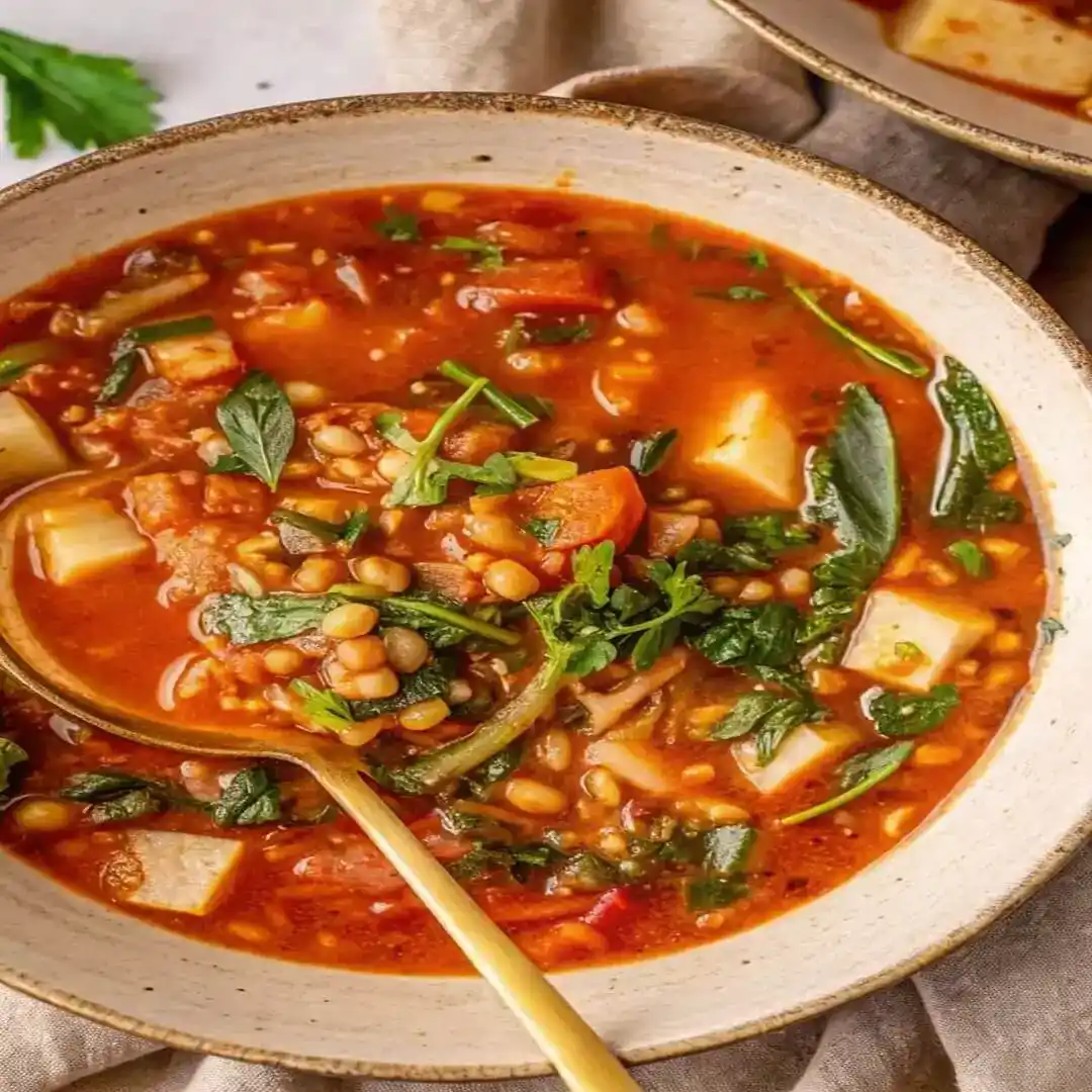 Ladle scooping lentil vegetable soup from a bowl.