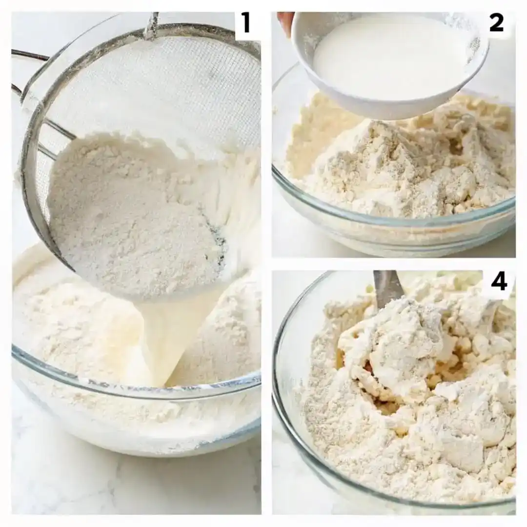 Steps of making gluten-free bread dough in mixing bowls.