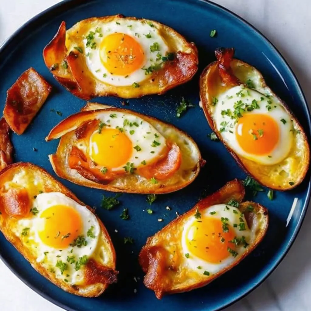 Crispy potato skins filled with fried eggs and savory bacon, garnished with chopped herbs on a round blue dish.