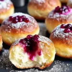 Several round jelly donuts dusted with powdered sugar, with a bitten donut in the foreground showing fluffy dough and dark fruit filling.