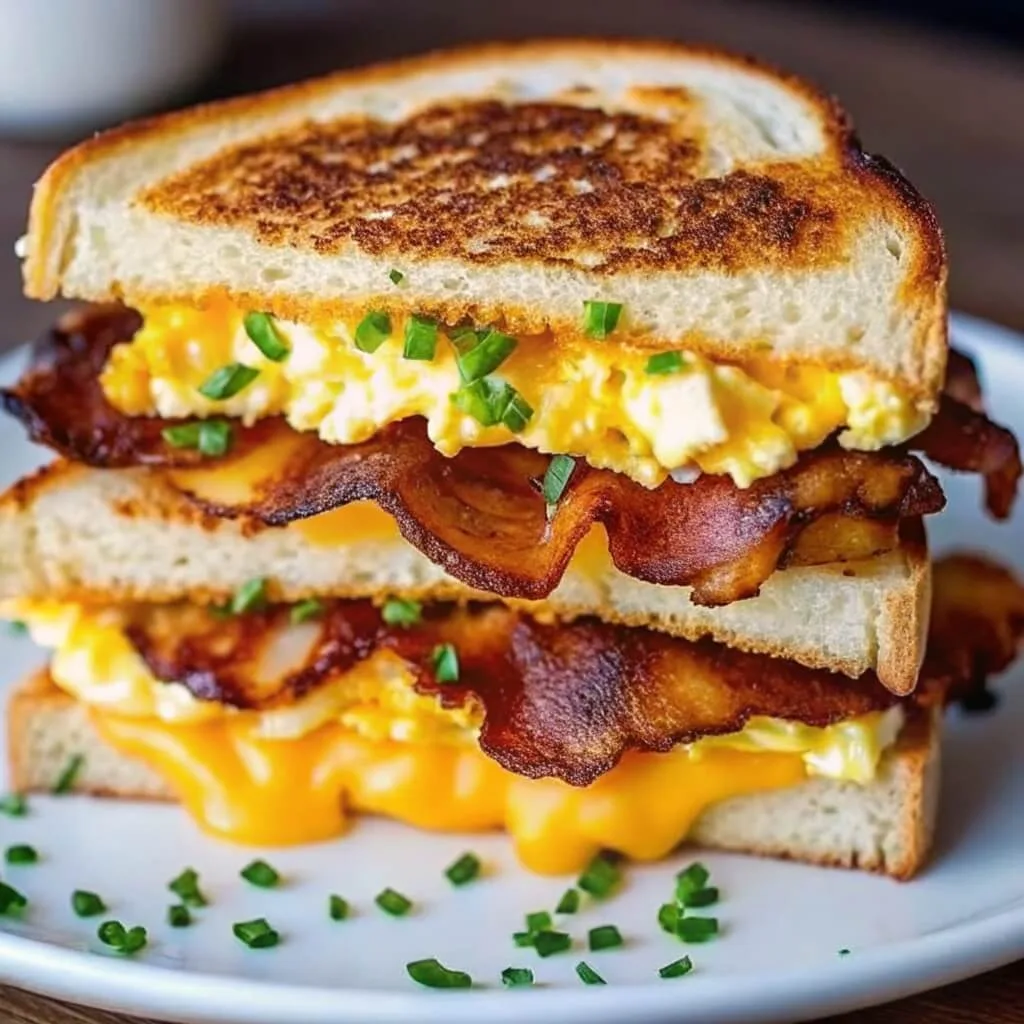 Close-up of a stacked bacon, scrambled egg, and melted cheese sandwich on toasted white bread, sprinkled with green herbs.