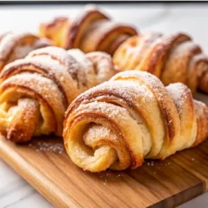 Close-up of freshly baked crescent-shaped pastries filled with cinnamon sugar and dusted with powdered sugar, resting on a wooden cutting board.