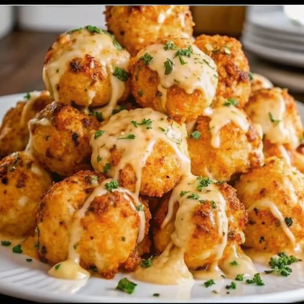 A tall stack of crispy, golden-brown fried potato balls drizzled with a rich cheese sauce and garnished with fresh parsley on a white plate.