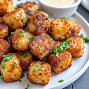 Close-up view of golden, pan-fried potato bites seasoned with spices and chopped fresh parsley on a white plate.