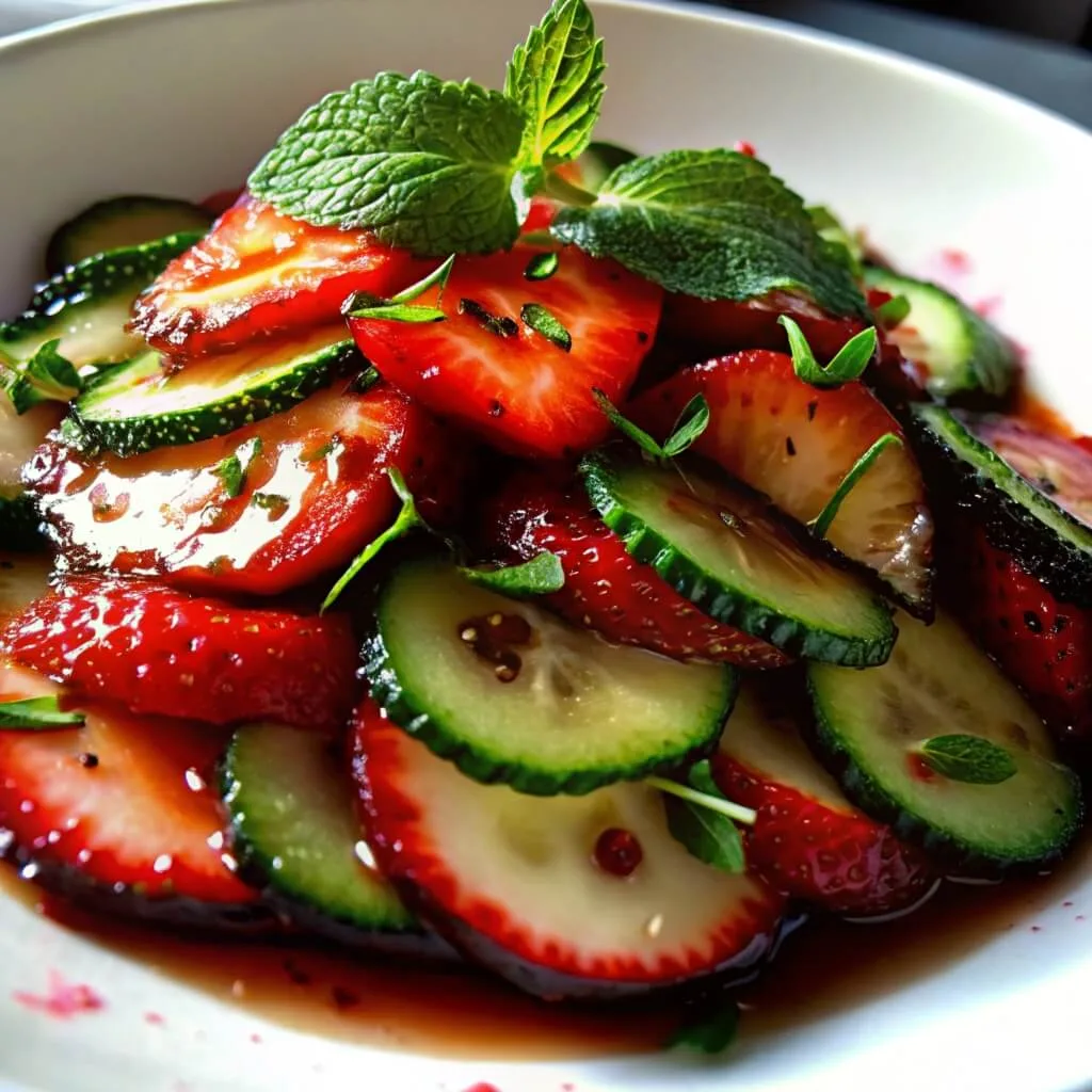 Sliced red strawberries and green cucumbers tossed in a dark vinaigrette with scattered mint leaves in a white serving bowl.
