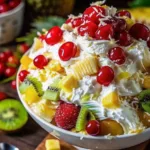 Close-up of a sweet fruit salad dessert covered in thick whipped cream, garnished with bright red cherries, pineapple, kiwi, and coconut flakes.