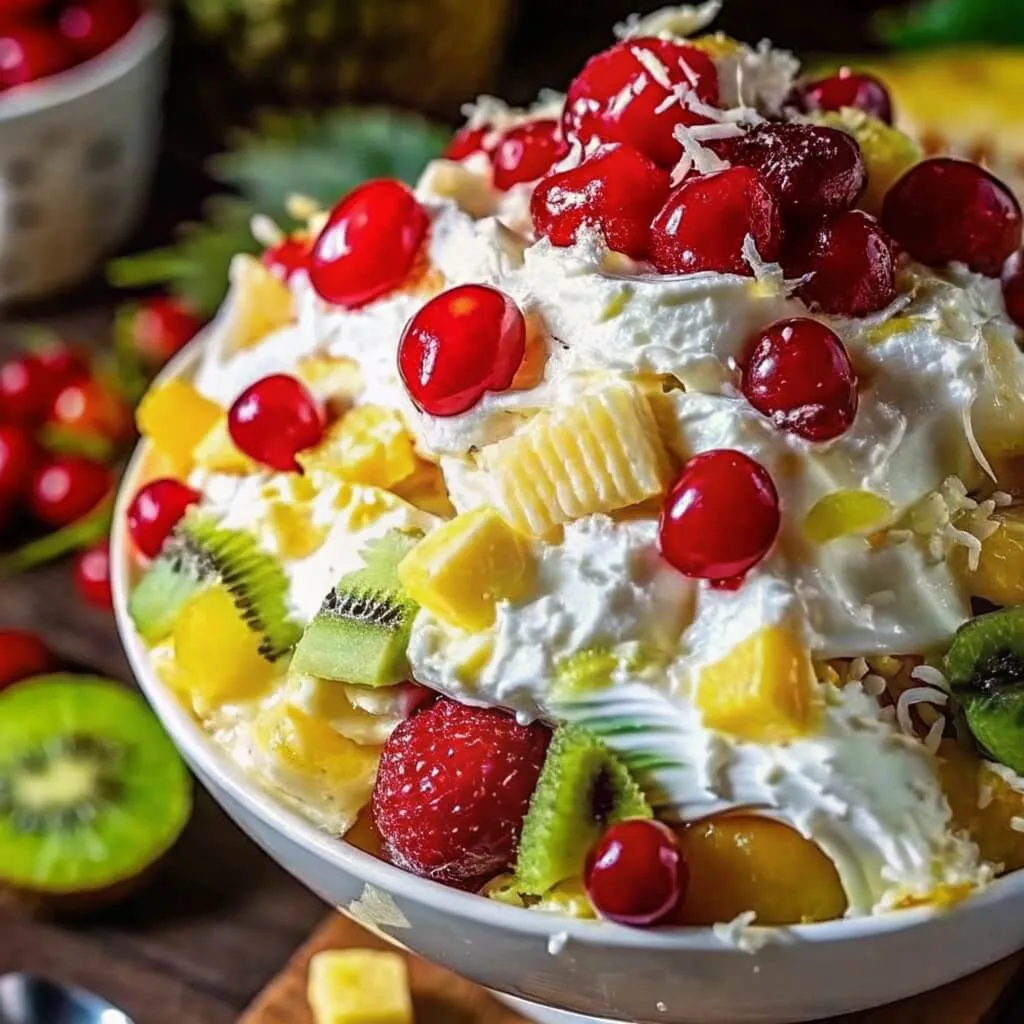 Close-up of a sweet fruit salad dessert covered in thick whipped cream, garnished with bright red cherries, pineapple, kiwi, and coconut flakes.
