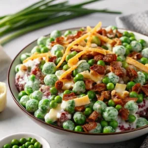 Close-up of a bowl of cold pea salad coated in creamy dressing, garnished with chopped bacon and shredded cheese.