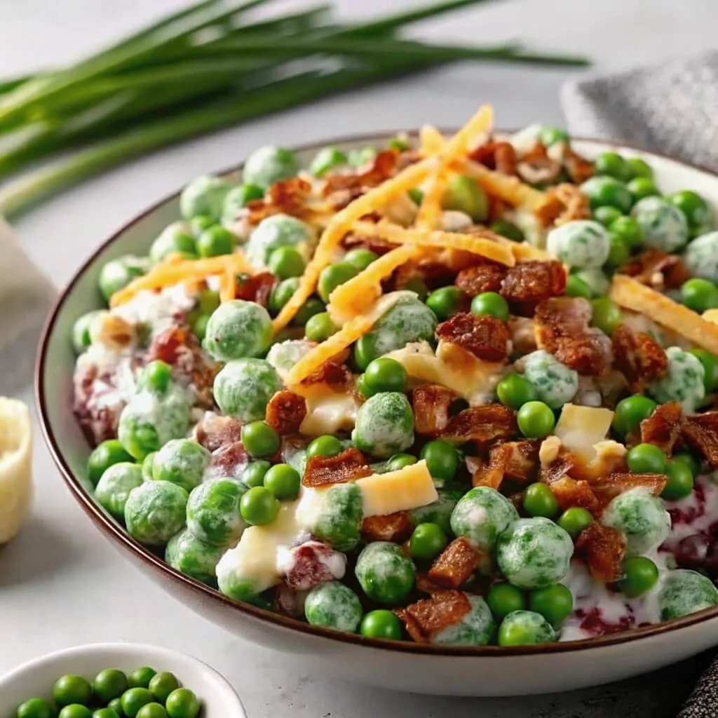 Close-up of a bowl of cold pea salad coated in creamy dressing, garnished with chopped bacon and shredded cheese.