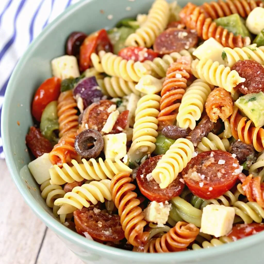 A light green bowl filled with cold summer pasta salad featuring spiral rotini, tomatoes, pepperoni, olives, and cheese on a wooden table.
