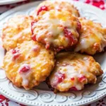 Freshly baked soft rhubarb cookies topped with a thick white vanilla icing, stacked on a white plate.