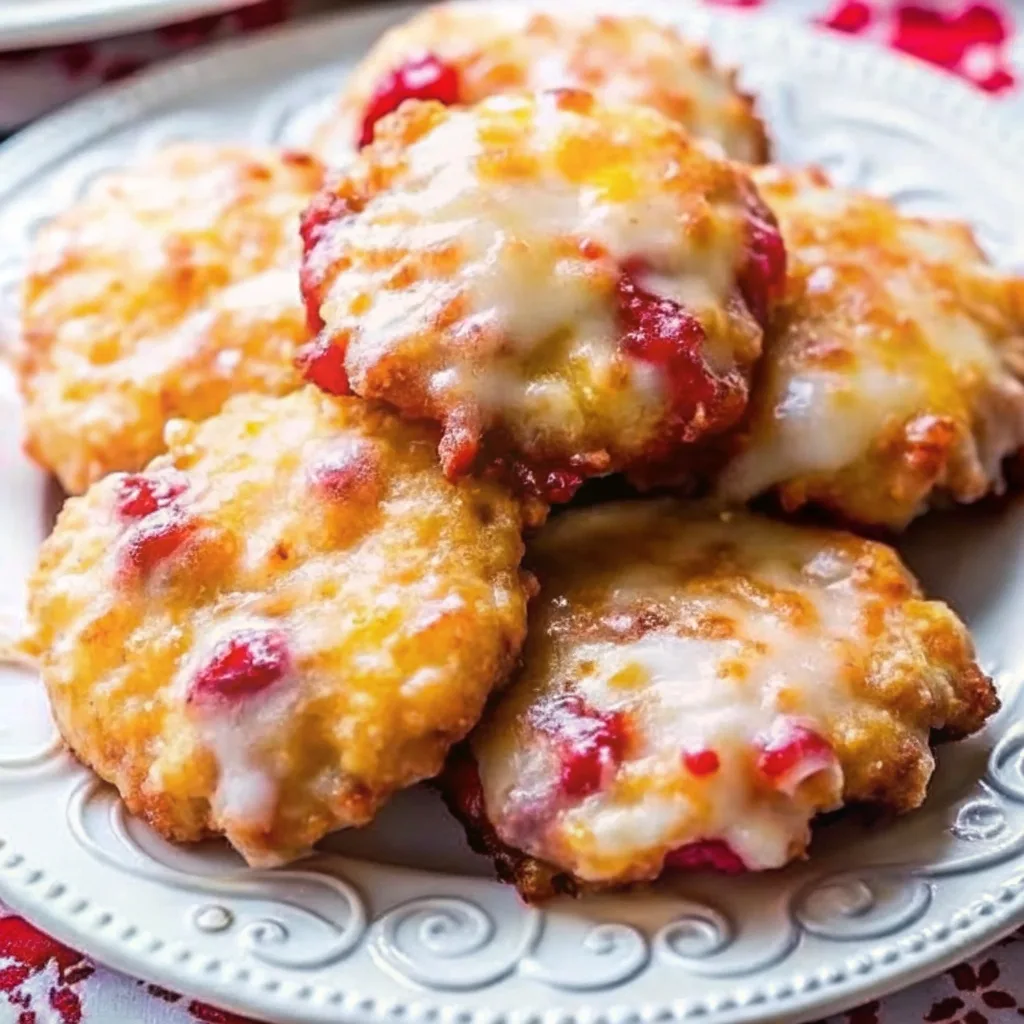 Freshly baked soft rhubarb cookies topped with a thick white vanilla icing, stacked on a white plate.