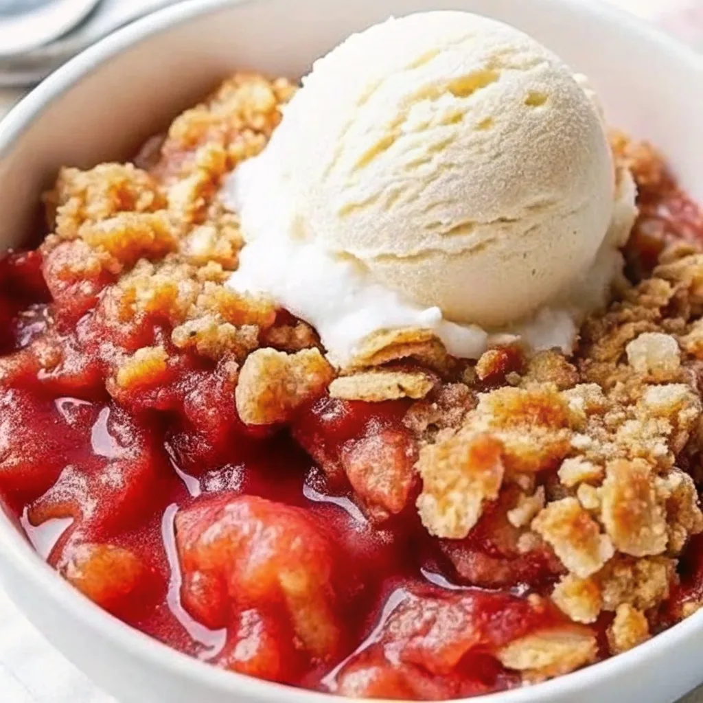 A white serving bowl filled with baked strawberry crumble and a scoop of vanilla ice cream melting into the warm fruit filling.