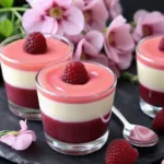 Close-up of layered raspberry and vanilla parfaits in clear glasses, garnished with fresh berries and surrounded by pink spring flowers.