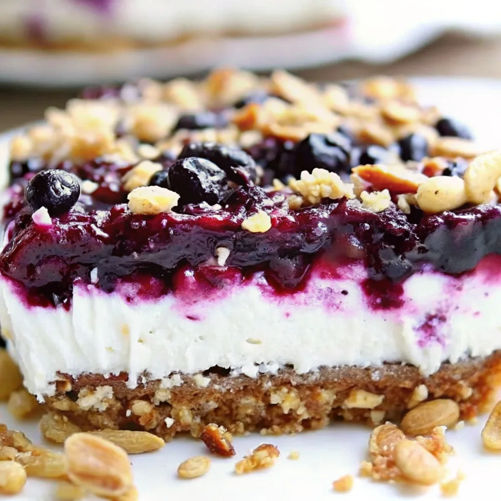 A slice of blueberry cheesecake bar showing distinct layers of crust, white cream filling, and dark berry topping with almonds and crumble.