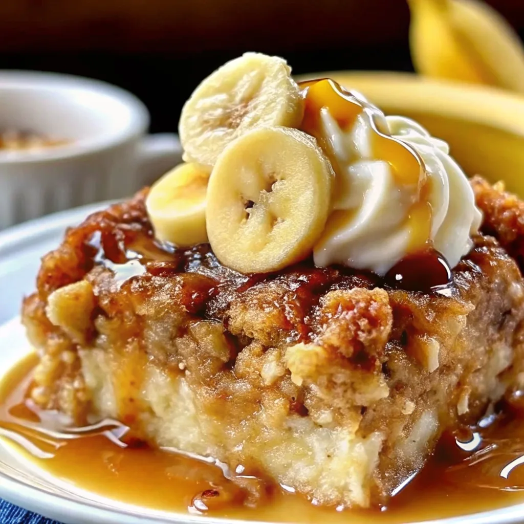 Macro view of a warm banana dessert cake featuring a swirl of whipped cream and sliced bananas with drizzled caramel.