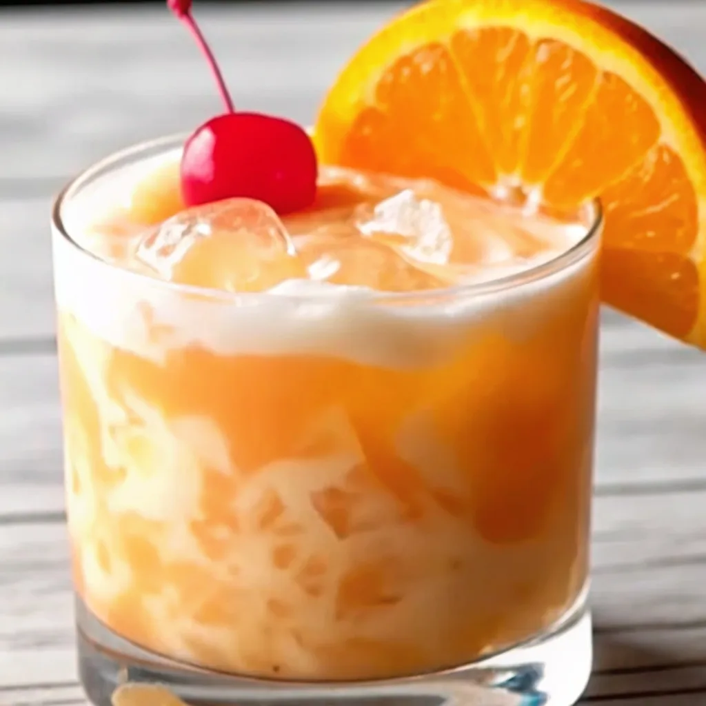 Refreshing orange and cream mixed drink with ice, garnished with a citrus slice