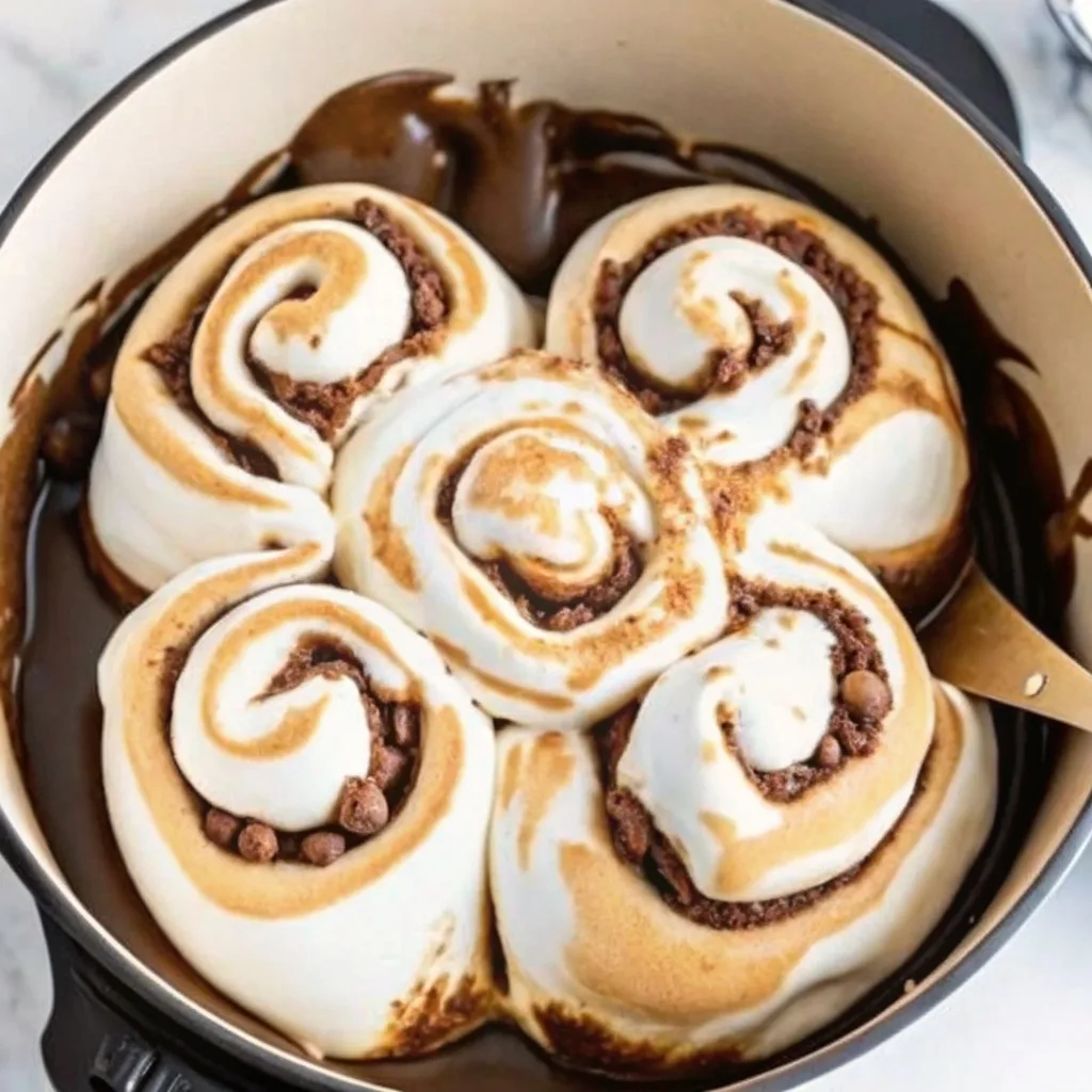 Close-up of cinnamon rolls in a skillet with melted chocolate sauce pooling between the rolls and toasted marshmallow topping.