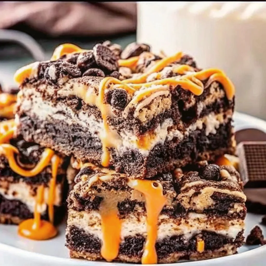 Thick brownie bars with a white cream filling and golden caramel sauce dripping over the edges.