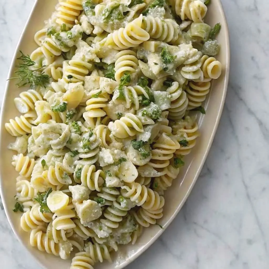 Close-up of rotini pasta with green pesto and white sauce served on a long white ceramic plate.
