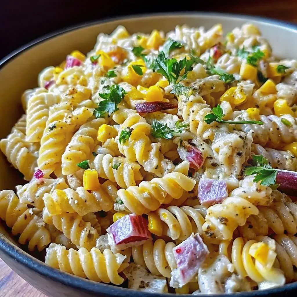 A side-angle view of a bowl of pasta salad featuring rotini spirals, corn, red peppers, and a creamy herb dressing.
