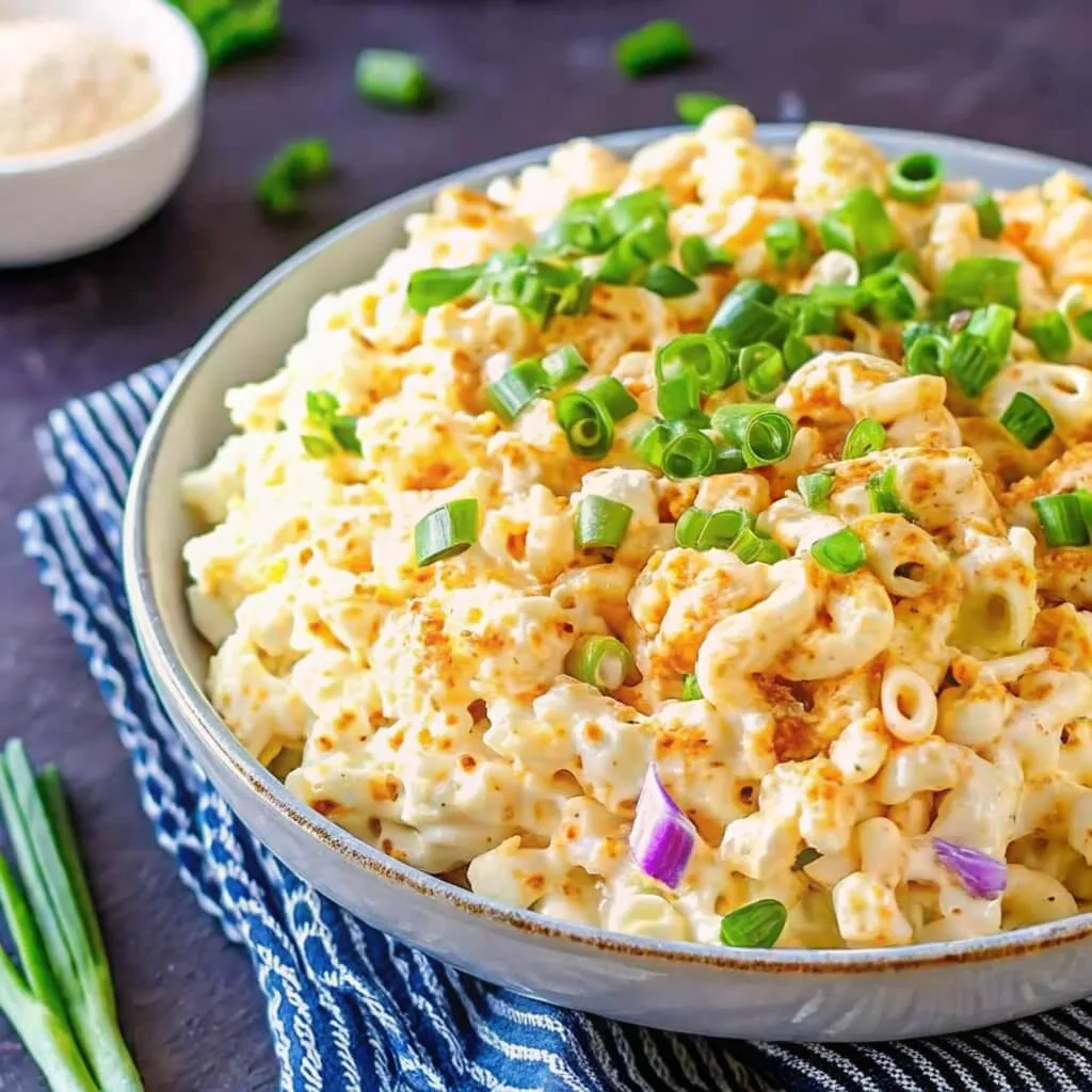 Close-up of macaroni salad with a thick creamy sauce, sprinkled with paprika and fresh green chives in a ceramic bowl.