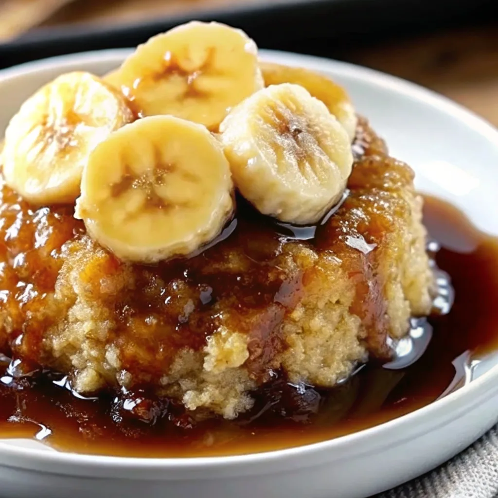 A warm banana sponge cake soaked in a rich toffee-style syrup and garnished with fresh banana rounds.