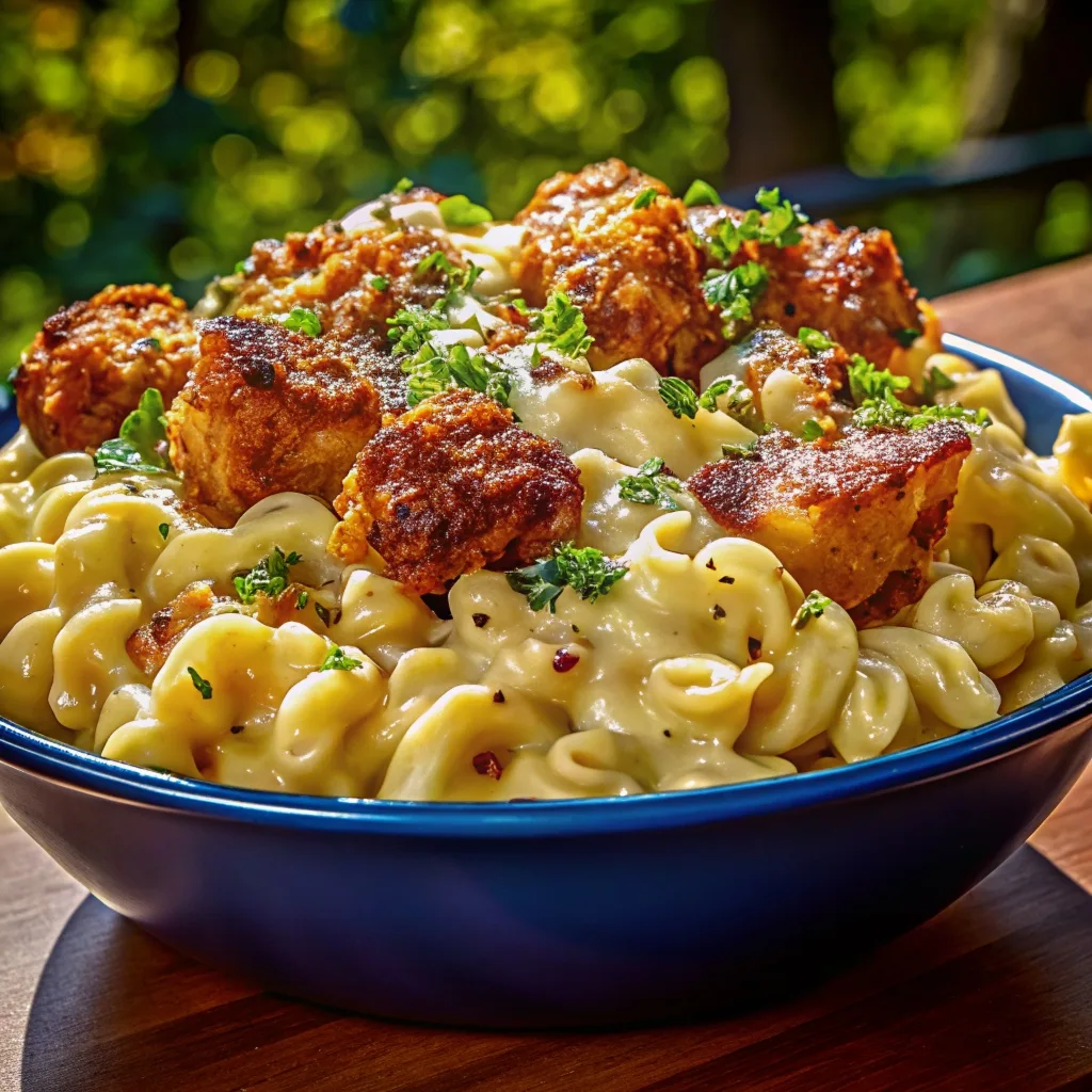 Close-up of cheesy elbow macaroni topped with fried chicken chunks and herbs in a blue bowl under natural light.