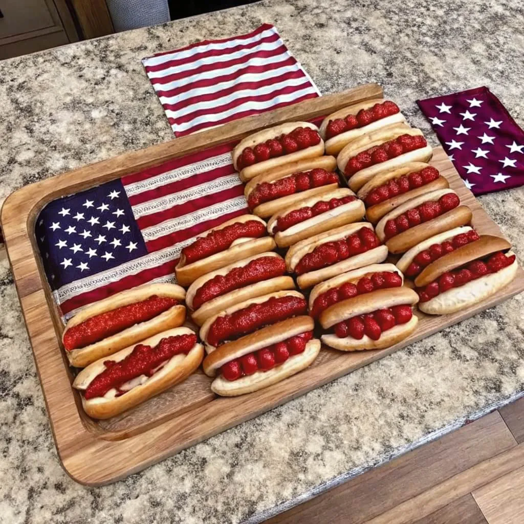 Rows of hot dogs with red toppings arranged on a wooden board that sits partially on top of an American flag.