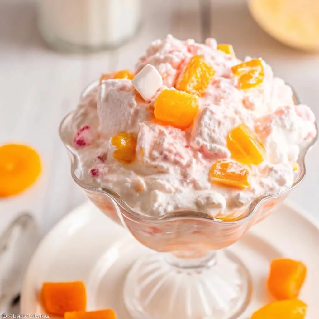 A side view of a glass bowl filled with pink-tinted creamy fruit salad topped with bright orange mandarin segments.