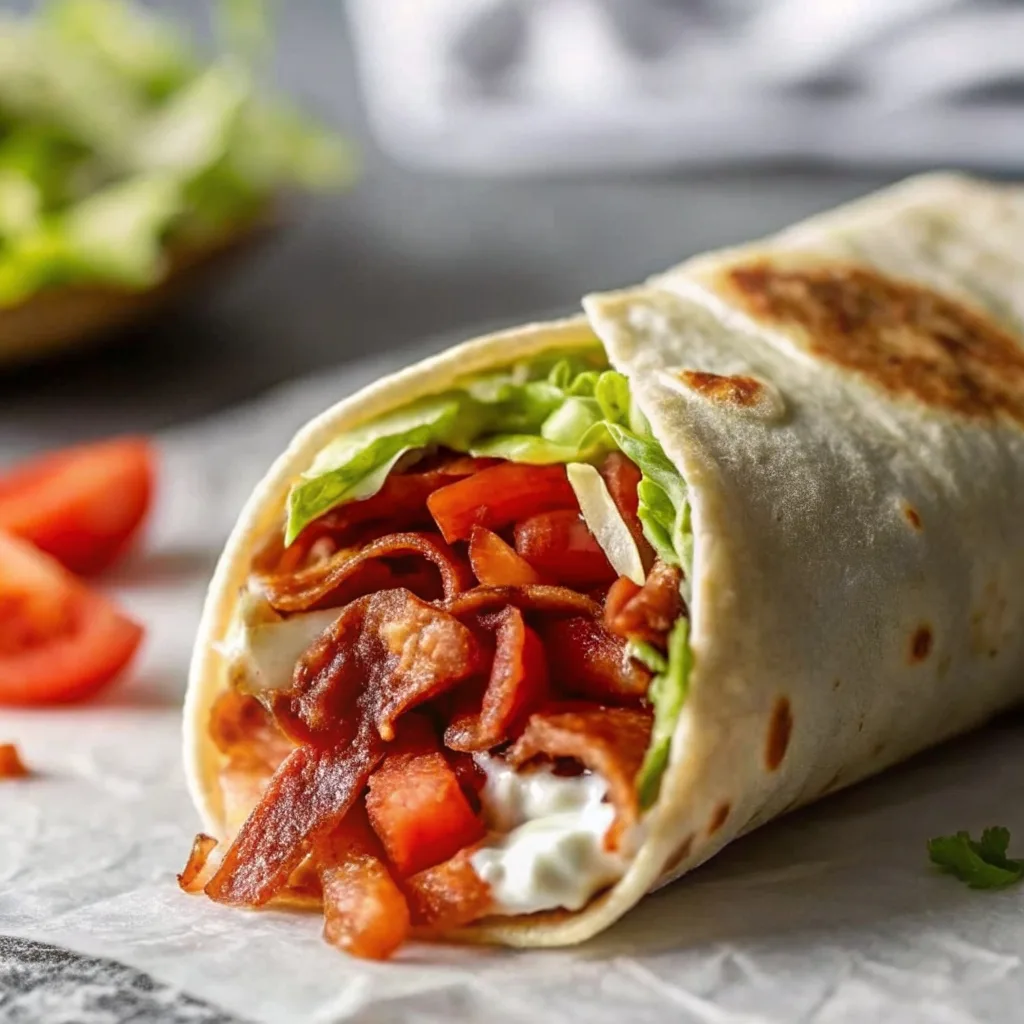 A side-angle view of a toasted tortilla wrap overflowing with crispy turkey bacon, lettuce, and a savory cream dressing.