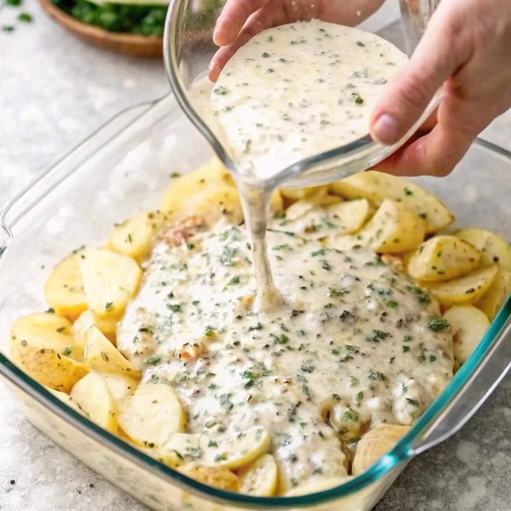Close-up of creamy white herb sauce being drizzled onto golden roasted potatoes in a glass baking pan.