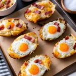Sheet pan breakfast featuring baked potato halves stuffed with eggs, melted cheese, and bacon bits on parchment paper.
